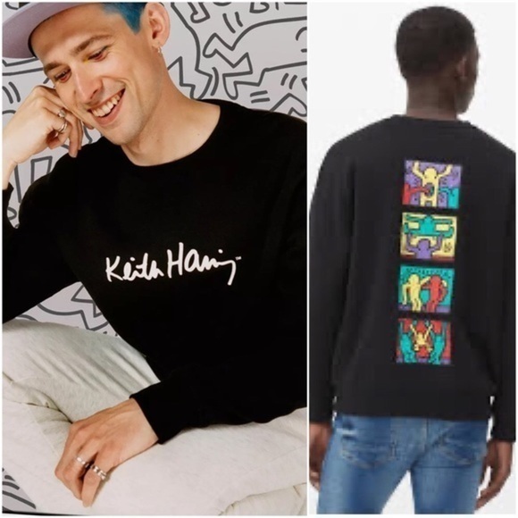 Keith Haring Black Crewneck Sweatshirt Pop Art Graphic Retro Unisex Size Large - Picture 1 of 11